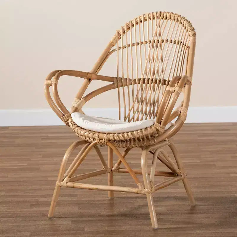 Poltrona d'accento in Rattan con Rivestimento in Tessuto Bianco/Naturale – Stile Bohemien, Completamente Assemblata