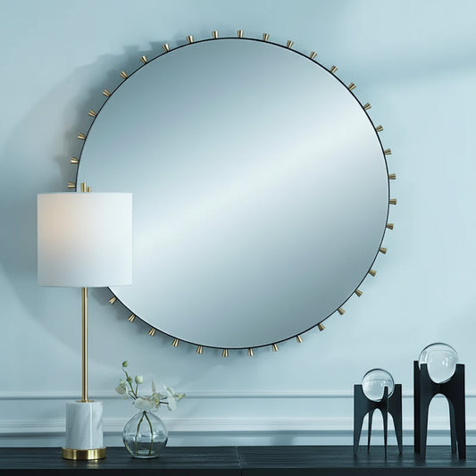 Specchio da Parete Rotondo da 37,5" – Accenti a Piolo in Ottone e Nero Opaco