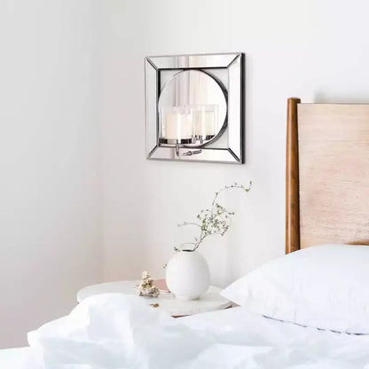 Specchio da parete quadrato da 12" con portacandela integrato – Cornice in legno argentato