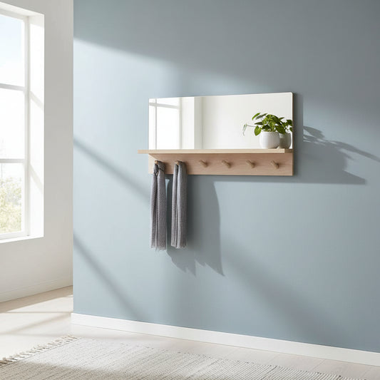Kiera Grace 23.6" Alva Accent Mirror Shelf with 6 Pegs: Wall-Mounted, Rectangular, Engineered Wood, No Assembly Required
