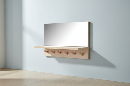 Specchio da parete con ripiano e 6 ganci appendiabiti – Legno rustico, 40 cm