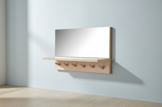 Specchio da parete con ripiano e 6 ganci appendiabiti – Legno rustico, 40 cm