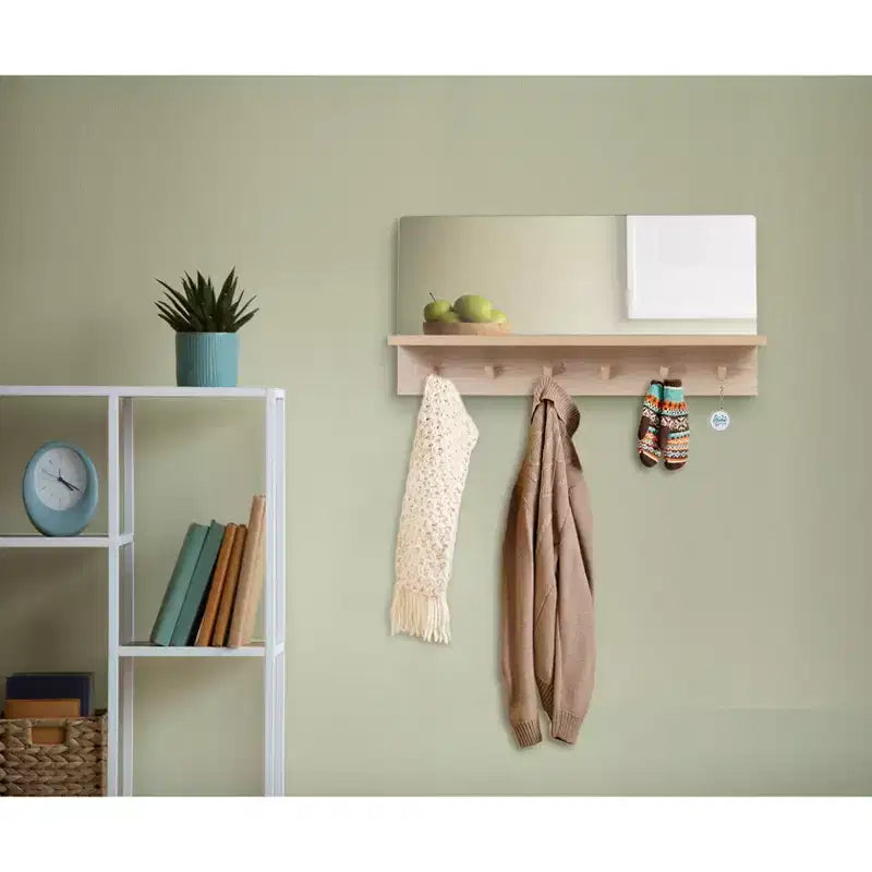 Specchio da parete con ripiano e 6 ganci appendiabiti – Legno rustico, 40 cm