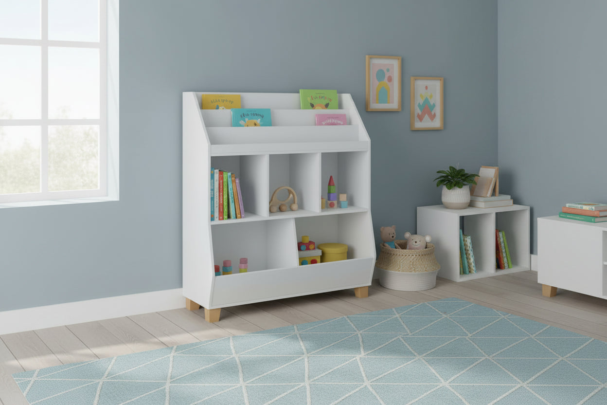 RiverRidge Kids' CatchAll 35" Toy Organizer with Cubby Storage, Toy Storage Bins and Bookshelf White