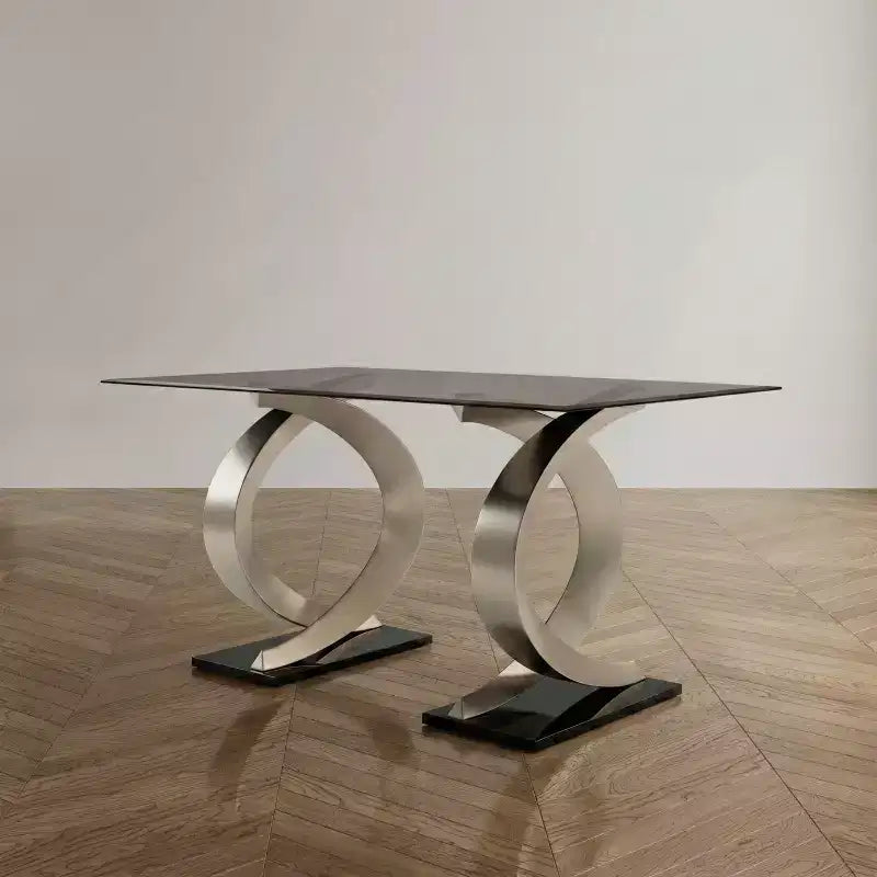 Tavolo da pranzo moderno rettangolare con piano in vetro bisellato da 58" e base a doppio piedistallo