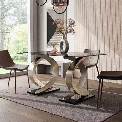Tavolo da pranzo moderno rettangolare con piano in vetro bisellato da 58" e base a doppio piedistallo