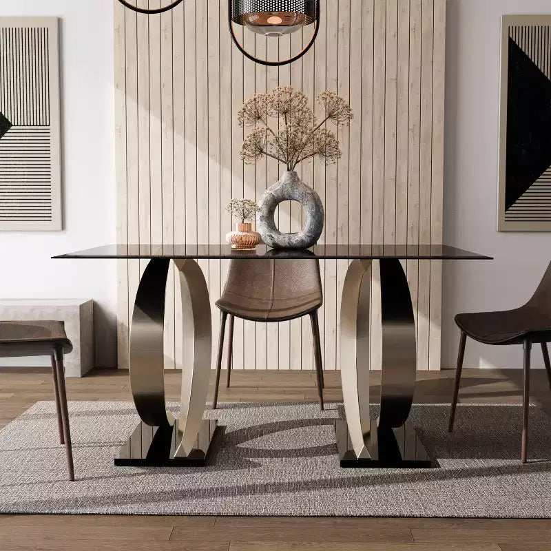 Tavolo da pranzo moderno rettangolare con piano in vetro bisellato da 58" e base a doppio piedistallo