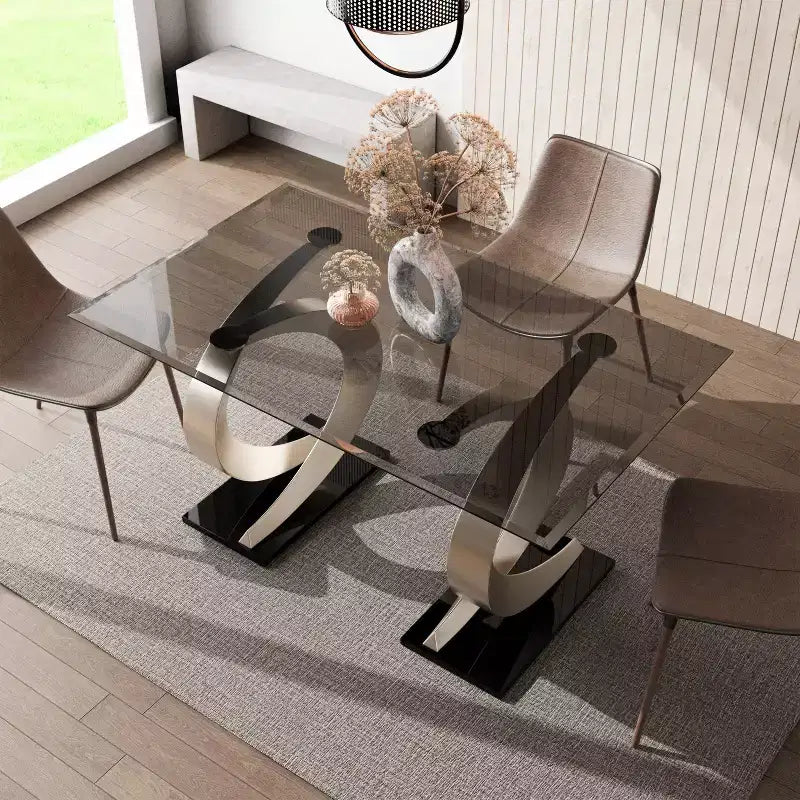 Tavolo da pranzo moderno rettangolare con piano in vetro bisellato da 58" e base a doppio piedistallo