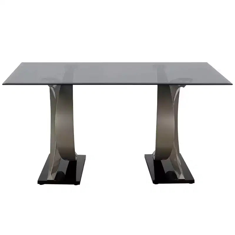 Tavolo da pranzo moderno rettangolare con piano in vetro bisellato da 58" e base a doppio piedistallo