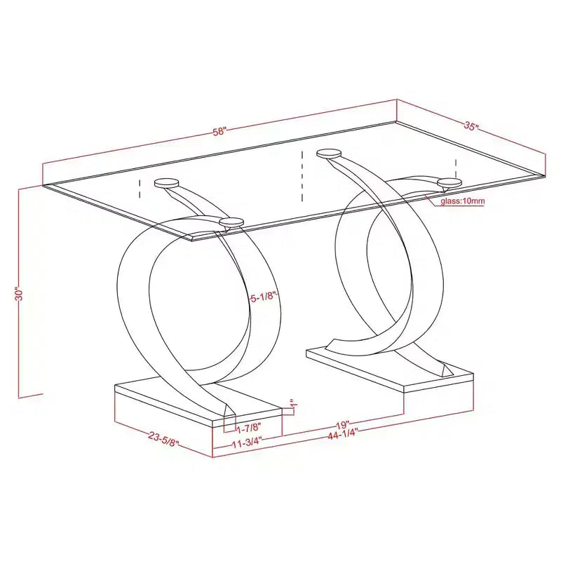 Tavolo da pranzo moderno rettangolare con piano in vetro bisellato da 58" e base a doppio piedistallo