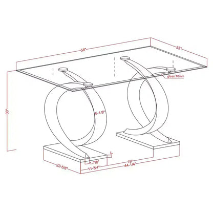 Tavolo da pranzo moderno rettangolare con piano in vetro bisellato da 58" e base a doppio piedistallo