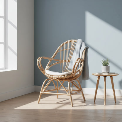 Poltrona d'accento in Rattan con Rivestimento in Tessuto Bianco/Naturale – Stile Bohemien, Completamente Assemblata