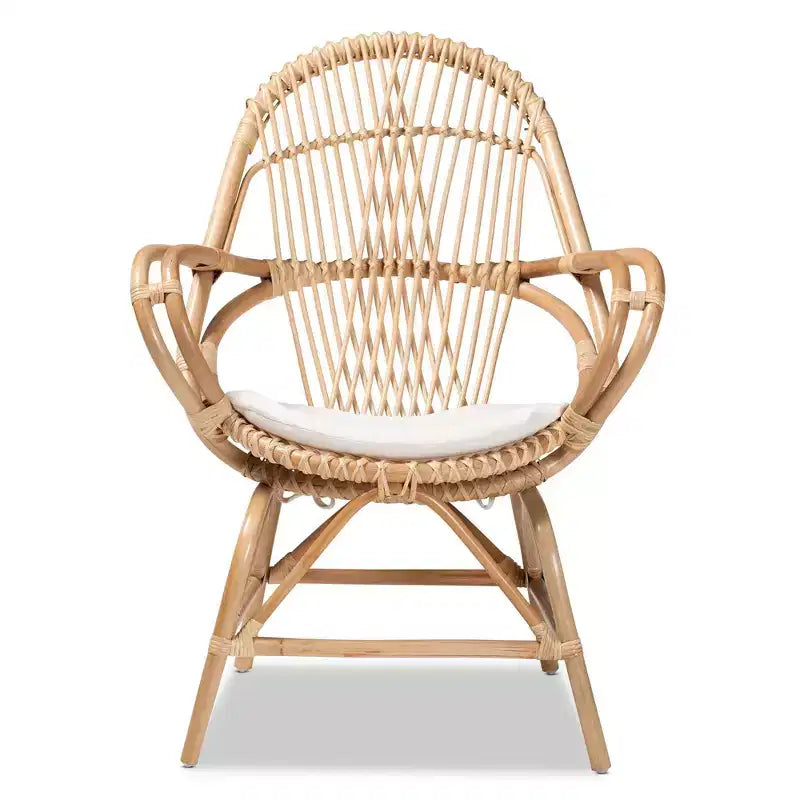 Poltrona d'accento in Rattan con Rivestimento in Tessuto Bianco/Naturale – Stile Bohemien, Completamente Assemblata