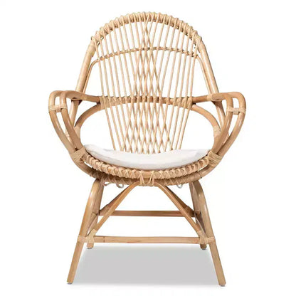Poltrona d'accento in Rattan con Rivestimento in Tessuto Bianco/Naturale – Stile Bohemien, Completamente Assemblata