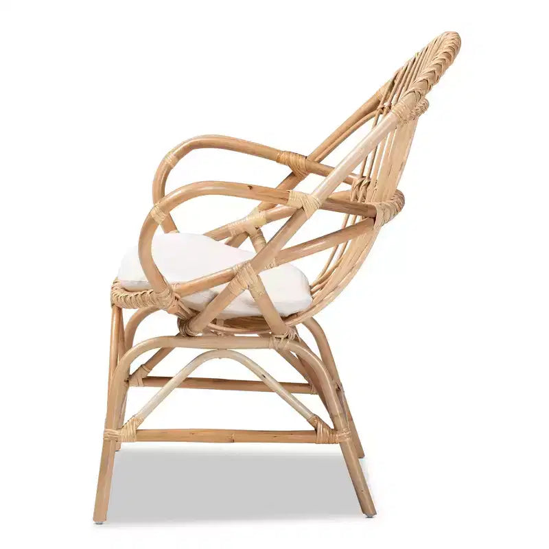Poltrona d'accento in Rattan con Rivestimento in Tessuto Bianco/Naturale – Stile Bohemien, Completamente Assemblata