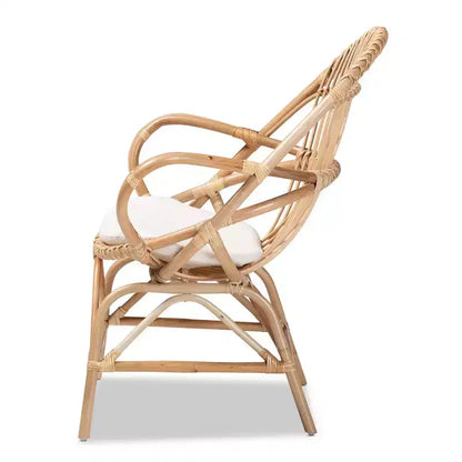 Poltrona d'accento in Rattan con Rivestimento in Tessuto Bianco/Naturale – Stile Bohemien, Completamente Assemblata