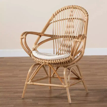 Poltrona d'accento in Rattan con Rivestimento in Tessuto Bianco/Naturale – Stile Bohemien, Completamente Assemblata