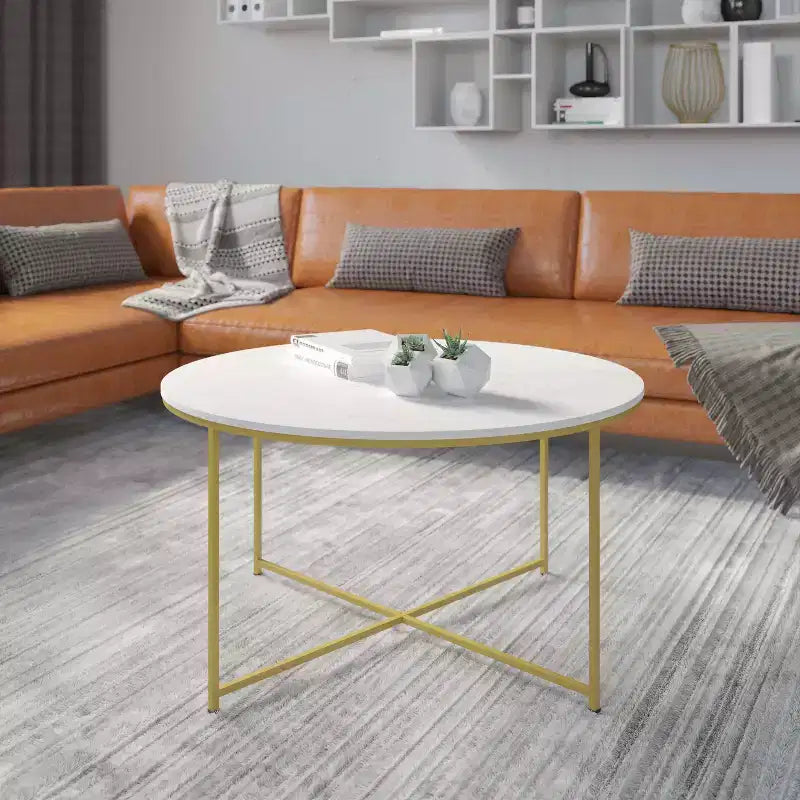 Tavolino da Caffè Laminato con Base a Croce in Metallo