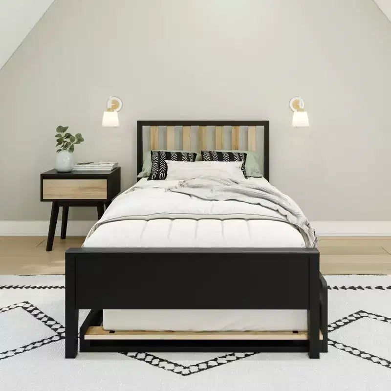 Letto a piattaforma singolo scandinavo con letto estraibile singolo – Pino e Pioppo Massiccio, Testiera a doghe