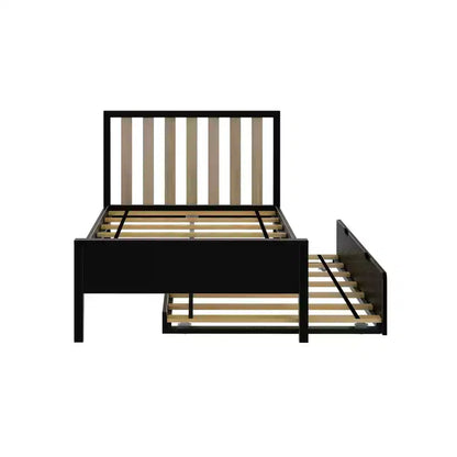 Letto a piattaforma singolo scandinavo con letto estraibile singolo – Pino e Pioppo Massiccio, Testiera a doghe