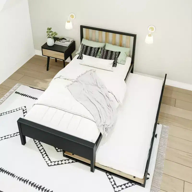 Letto a piattaforma singolo scandinavo con letto estraibile singolo – Pino e Pioppo Massiccio, Testiera a doghe