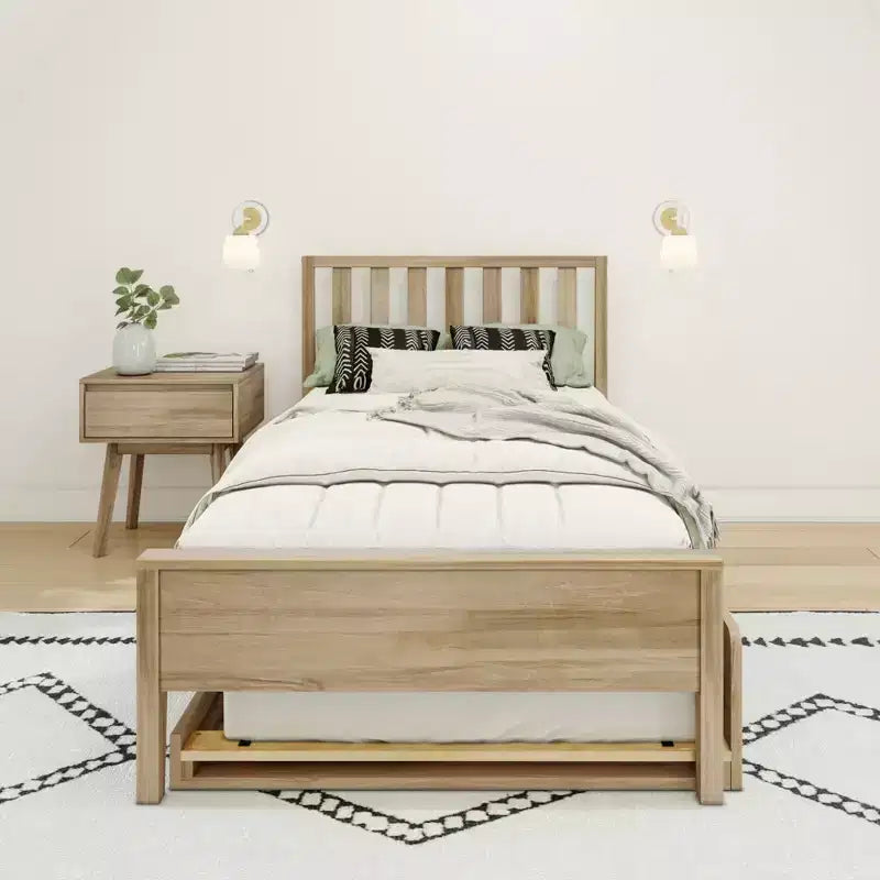 Letto a piattaforma singolo scandinavo con letto estraibile singolo – Pino e Pioppo Massiccio, Testiera a doghe