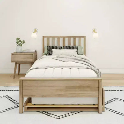 Letto a piattaforma singolo scandinavo con letto estraibile singolo – Pino e Pioppo Massiccio, Testiera a doghe