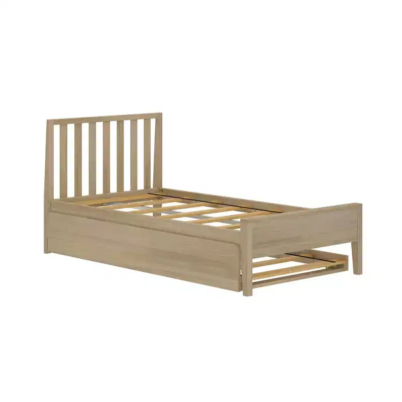 Letto a piattaforma singolo scandinavo con letto estraibile singolo – Pino e Pioppo Massiccio, Testiera a doghe