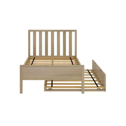 Letto a piattaforma singolo scandinavo con letto estraibile singolo – Pino e Pioppo Massiccio, Testiera a doghe