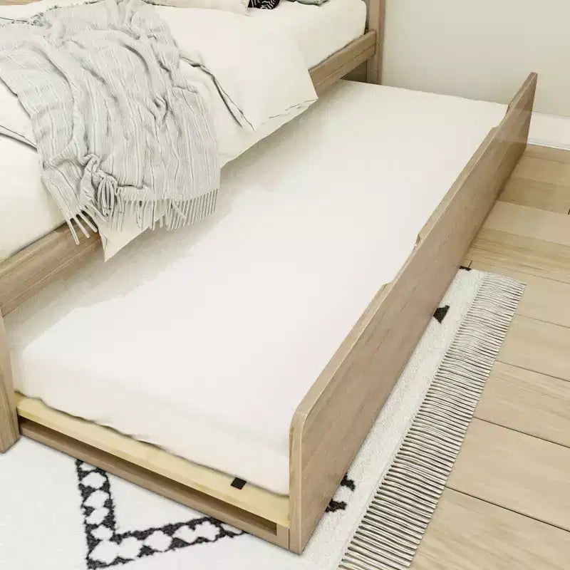 Letto a piattaforma singolo scandinavo con letto estraibile singolo – Pino e Pioppo Massiccio, Testiera a doghe