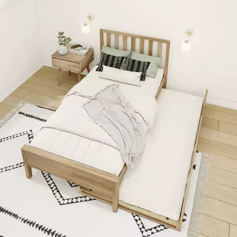 Letto a piattaforma singolo scandinavo con letto estraibile singolo – Pino e Pioppo Massiccio, Testiera a doghe