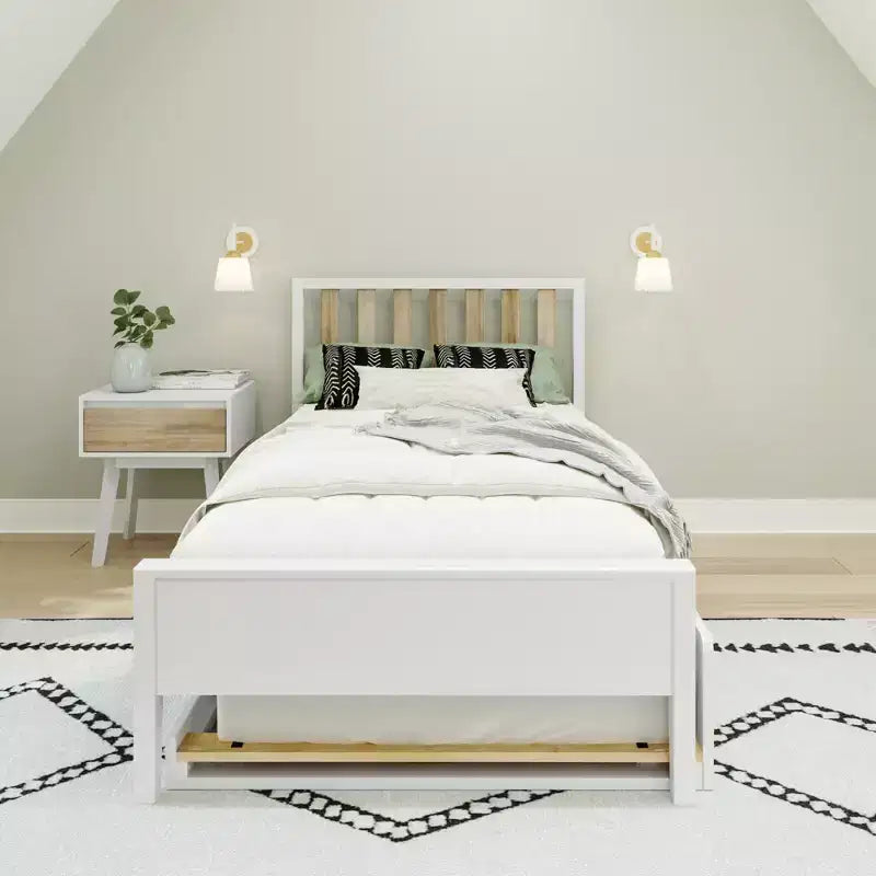 Letto a piattaforma singolo scandinavo con letto estraibile singolo – Pino e Pioppo Massiccio, Testiera a doghe