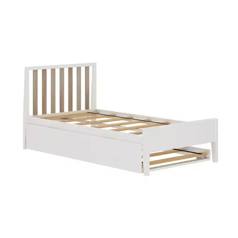 Letto a piattaforma singolo scandinavo con letto estraibile singolo – Pino e Pioppo Massiccio, Testiera a doghe