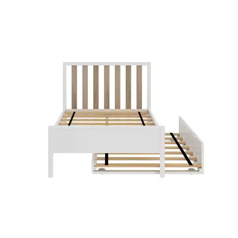 Letto a piattaforma singolo scandinavo con letto estraibile singolo – Pino e Pioppo Massiccio, Testiera a doghe