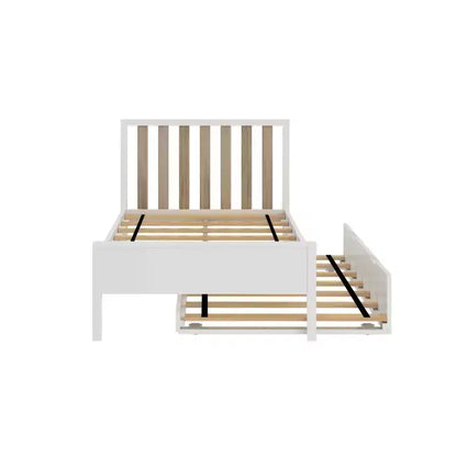 Letto a piattaforma singolo scandinavo con letto estraibile singolo – Pino e Pioppo Massiccio, Testiera a doghe