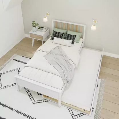 Letto a piattaforma singolo scandinavo con letto estraibile singolo – Pino e Pioppo Massiccio, Testiera a doghe