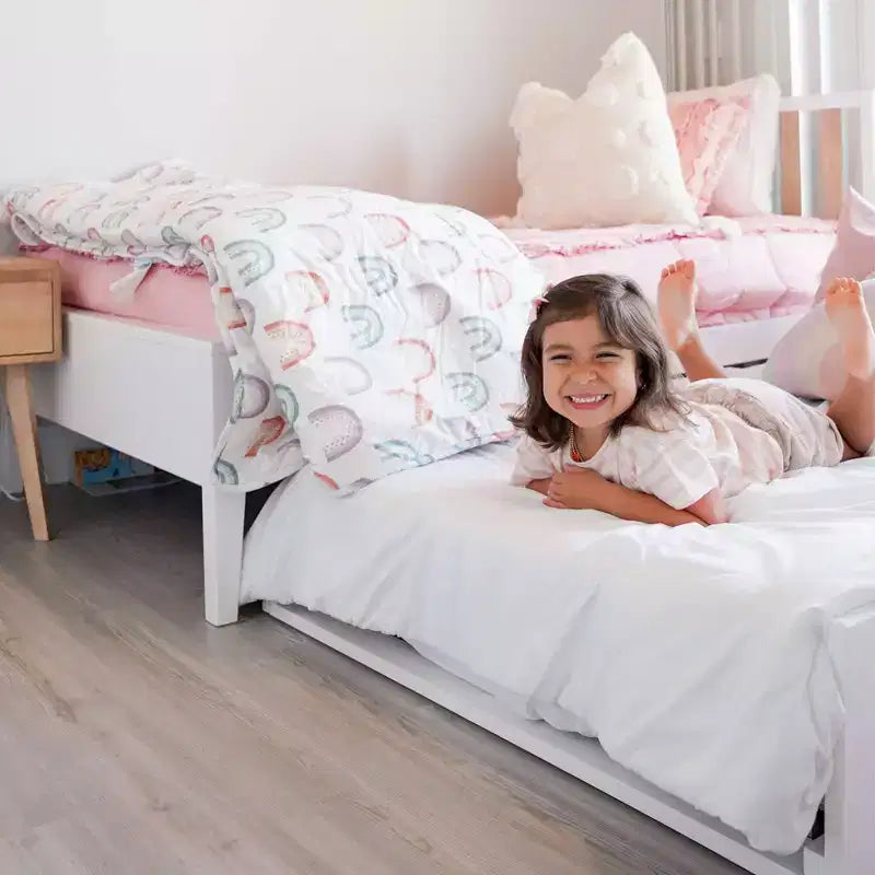 Letto a piattaforma singolo scandinavo con letto estraibile singolo – Pino e Pioppo Massiccio, Testiera a doghe