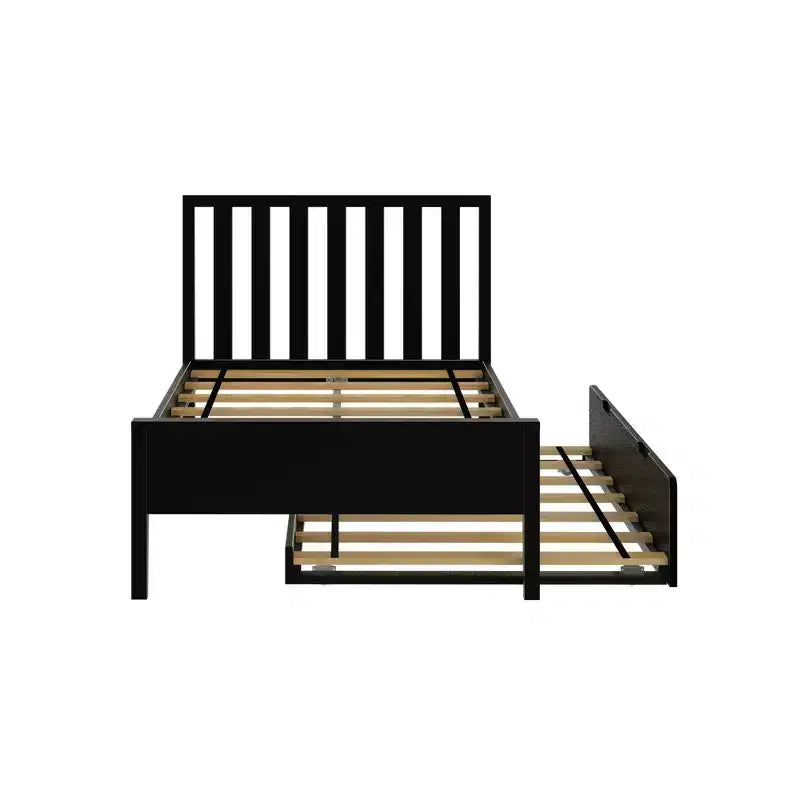 Letto a piattaforma singolo scandinavo con letto estraibile singolo – Pino e Pioppo Massiccio, Testiera a doghe