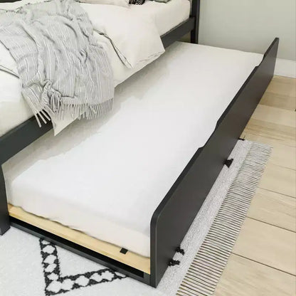 Letto a piattaforma singolo scandinavo con letto estraibile singolo – Pino e Pioppo Massiccio, Testiera a doghe