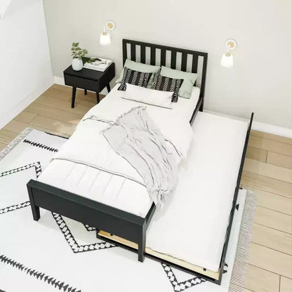 Letto a piattaforma singolo scandinavo con letto estraibile singolo – Pino e Pioppo Massiccio, Testiera a doghe