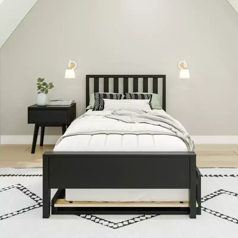 Letto a piattaforma singolo scandinavo con letto estraibile singolo – Pino e Pioppo Massiccio, Testiera a doghe