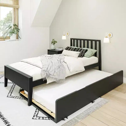 Letto a piattaforma singolo scandinavo con letto estraibile singolo – Pino e Pioppo Massiccio, Testiera a doghe