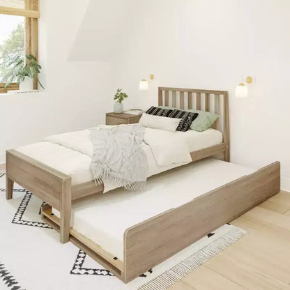 Letto a piattaforma singolo scandinavo con letto estraibile singolo – Pino e Pioppo Massiccio, Testiera a doghe