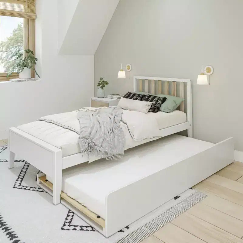 Letto a piattaforma singolo scandinavo con letto estraibile singolo – Pino e Pioppo Massiccio, Testiera a doghe