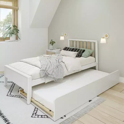 Letto a piattaforma singolo scandinavo con letto estraibile singolo – Pino e Pioppo Massiccio, Testiera a doghe