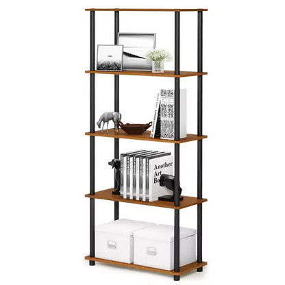 Libreria decorativa alta a 5 ripiani – Scaffale multiuso aperto, ciliegio chiaro/nero