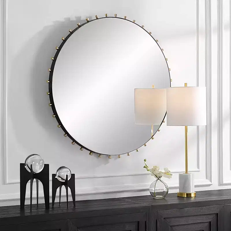 Specchio da Parete Rotondo da 37,5" – Accenti a Piolo in Ottone e Nero Opaco