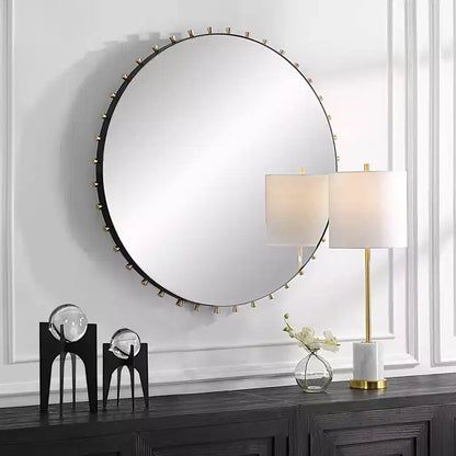 Specchio da Parete Rotondo da 37,5" – Accenti a Piolo in Ottone e Nero Opaco