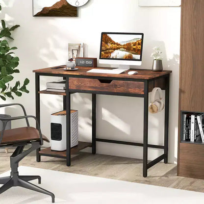 Scrivania da ufficio per computer con prese di corrente integrate, cassetto e ripiano regolabile