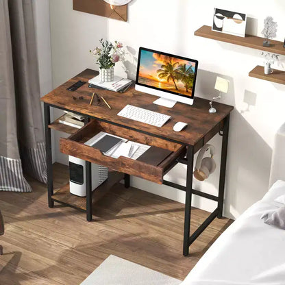 Scrivania da ufficio per computer con prese di corrente integrate, cassetto e ripiano regolabile